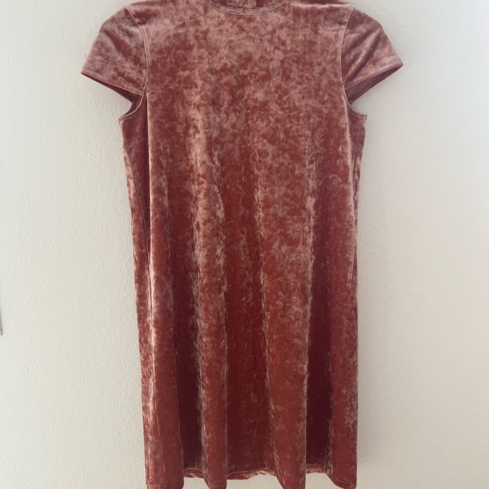 Madewell Velvet Short Sleeve Mock Neck Mini Dress Pink with back Bow. Size XXS